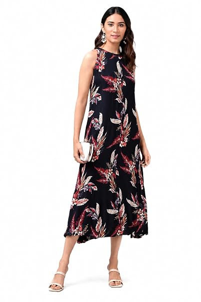 Yash Gallery Women's Rayon Crepe Floral Printed A-Line Maxi Dress Sleeveless Round Neck Casual Summer Dress Lightweight Comfortable Long Dress for Women