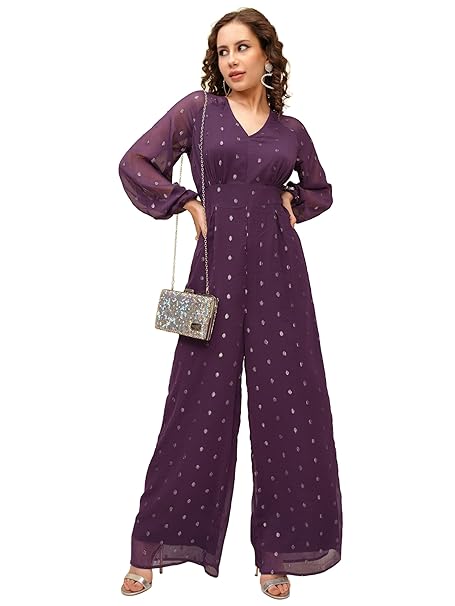 Tokyo Talkies Women's Long Sleeves V-Neck Self Design Jumpsuit |Stylish | Casual