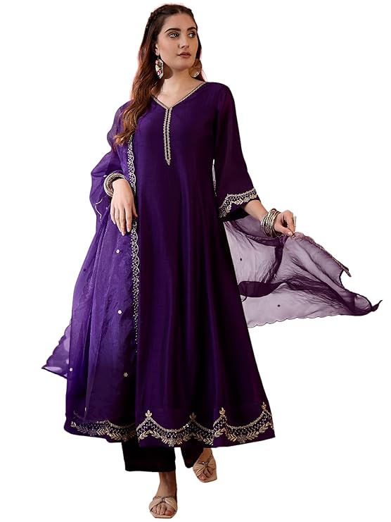 Amazon Brand - Tavasya Women Vichitra Zari Sequence Embroide Kurta with Pant and Dupatta|Kurta Set|Ethnic Wear|Salwar Suit|3 Piece Set
