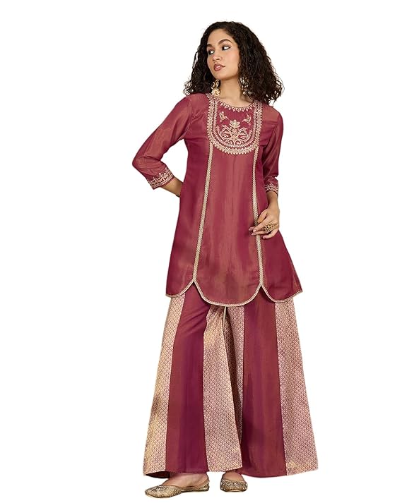 Amazon Brand - Tavasya Women Silk Blend Zari Sequence Thread Cording Kurta with Dupatta | Salwar Suit | Kurta Set