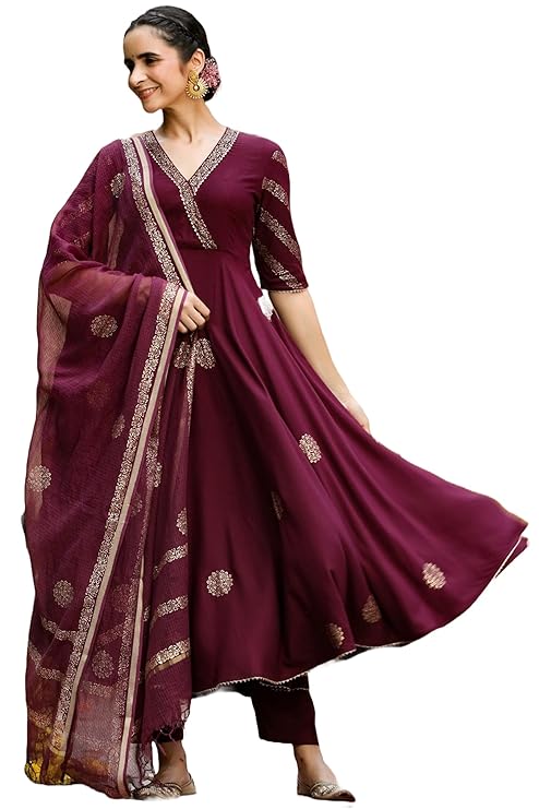 GoSriKi Women's Cotton Blend Printed Anarkali Kurta with Pant & Dupatta | Ethnic Wear for Women | Indian Casual Office Daily Summer Outfit