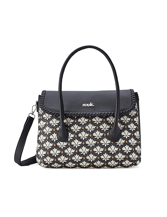 ZOUK Printed Jute Handcrafted Vegan Leather Multicolor Women's Satchel Bag | Ladies Purse Handbag | Double Handle Detachable Strap