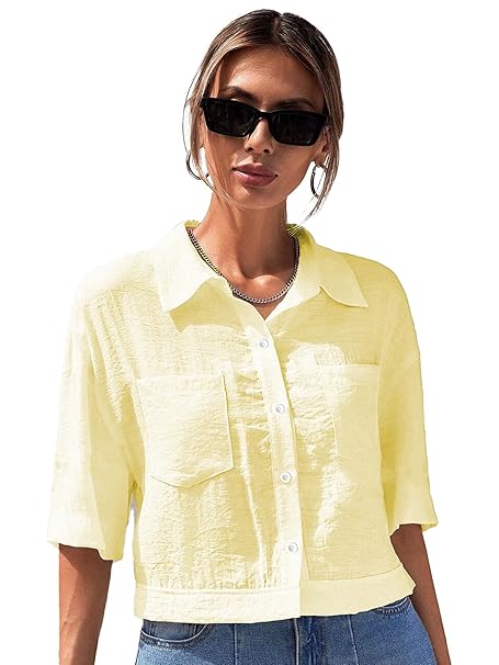 TOPLOT V-Collar Solid Crop Shirt for Women with Half Sleeves, Polyester, Regular Fit