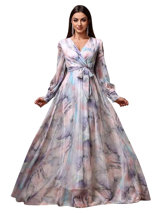 LITZO Dress for Women || Women’s Printed Wrap Maxi Gown || V‑Neck Long Sleeve Belted Flowy Dress for Parties, Weddings & Evening Events || Lightweight Sheer Layer Western Outfit (T-L-14-16)
