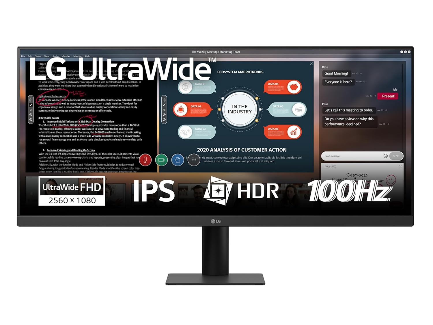 LG UltraWide Monitor 29U511A - UWFHD 1080p IPS 29 inch, 100Hz, 1ms MBR, HDR10, 99% sRGB, Reader Mode & Flicker Safe, Smart Energy Saving, DisplayPort, HDMI, Black
