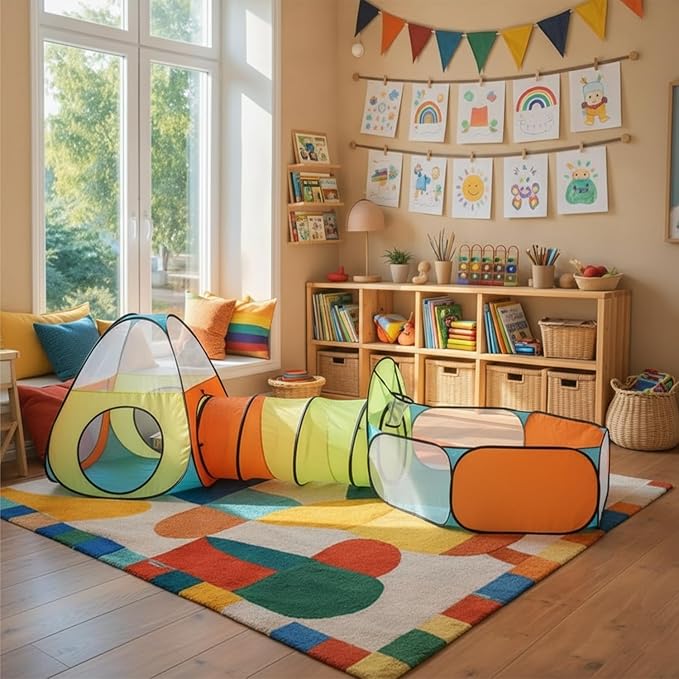 Amazon Brand - Jam & Honey Theme 3 in 1 Combo Tunnel | Tunnel, Play Tent House, Ball Pool for Kids 3 to 6 Years | Spacious, Lightweight and Portable | Without Balls | Multi Colour