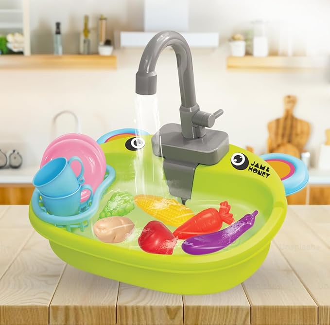 Amazon Brand - Jam & Honey Kitchen Play Set for Kids 2+ Years, Pretend Play Sink Toy with Running Water, Water Pump Kitchen Toy with Utensils, Role Play Toys for Girls, BIS Certified, Green