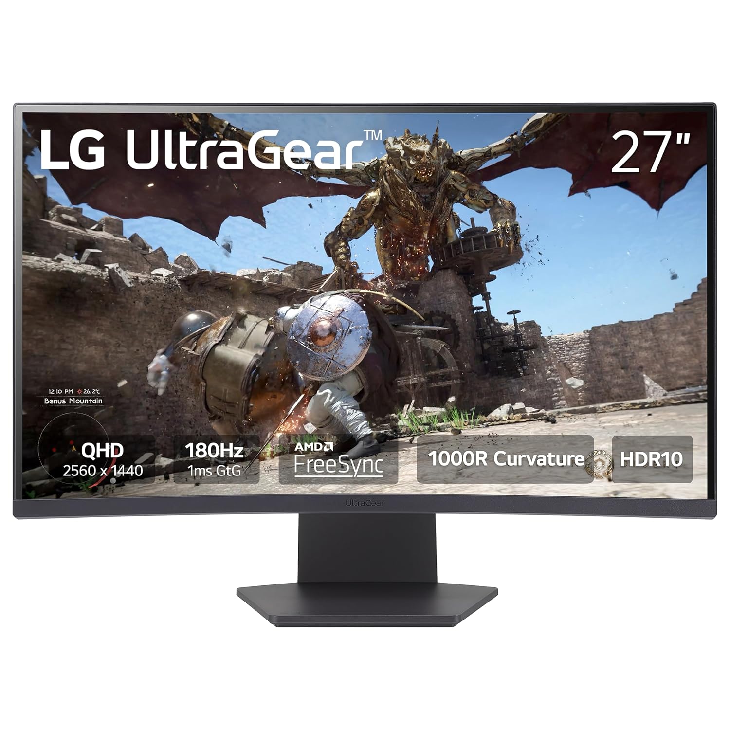 LG 27Gs60Qc-B 27 Inch Qhd (2560X1440) Ultragear Curved Gamer Monitor 180Hz 1Ms 1000R Amd Freesync Hdr10 Hdmix2 Displayport Edgeless Design Black Stabilizer Reticle Counter F