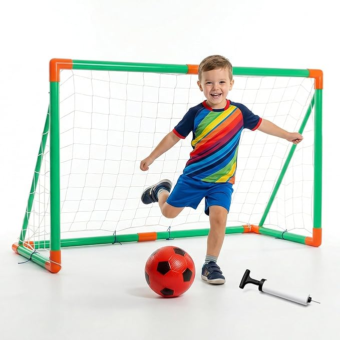 Kidsmate Kids Football Goal Set with Ball & Pump | Sturdy Build Mini Football Net, Easy Setup Indoor & Outdoor Beginner Sports Practice | Perfect for Training & Fun Playtime - Green,Orange
