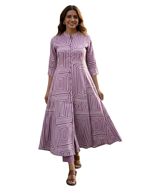 Yash Gallery Women’s Cotton Printed A-Line Kurta with Pant Set |Lilac Geometric Print|Mandarin Collar, Front Buttons & Short Roll-Up Sleeves|Casual & Office Ethnic Wear