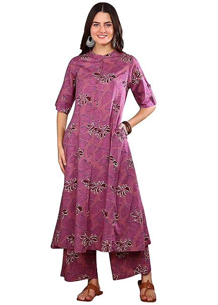 Yash Gallery Women’s Pure Cotton Printed Kurta and Pant Set with Mandarin Collar, 3/4 Roll-Up Sleeves, Side Pockets & Flared A-Line Silhouette – Comfortable Ethnic Co-ord Set