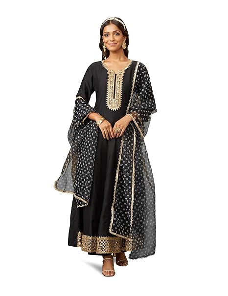 Amazon Brand - Myx Women's Embroidered Anarkali Kurta Pant Set with Organza Dupatta | A-line fit (Available in Plus Sizes)