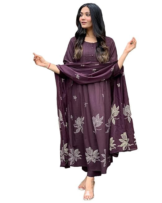 GoSriKi Women's Rayon Blend Anarkali Printed Kurta with Pant & Dupatta | Ethnic Kurta Pant Dupatta Set for Women | Traditional Indian Wear Outfit