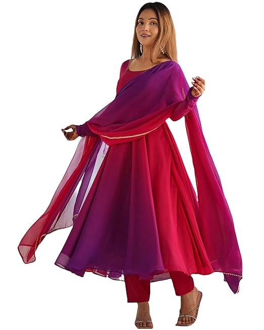 GoSriKi Women's Georgette Anarkali Kurta Set with Dupatta | Elegant Pink Ethnic Dress | Flared Long Kurti for Festive