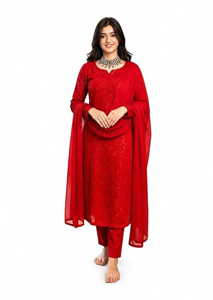 Yashika Women's Chikankari Georgette Embroidery Kurta Set with Pant and Dupatta | Traditional Ethnic Co-ord Set for Women | Office, Casual Wear