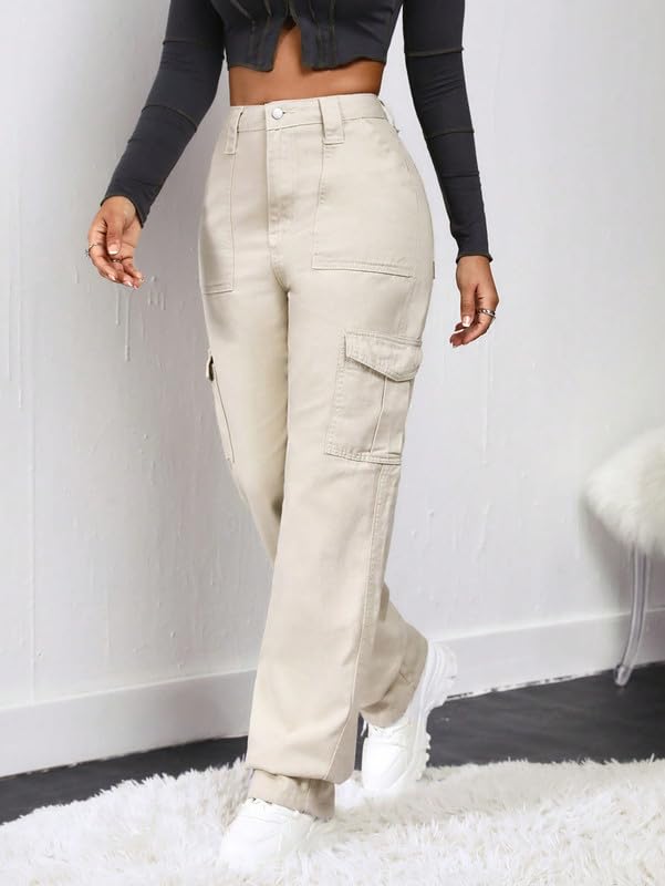 Amazon Brand - INKAST Women Multi-Pocket Denim Cargo Pants Casual Fit Stylish Trousers