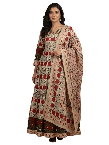 Leriya Fashion Women’s Ethnic Anarkali Kurti with Dupatta | Printed Long Flared Kurta with Dupatta | Two Piece Gown Set for Women | Festive Kurta Set for Woman | Traditional Wedding & Party Suit Set