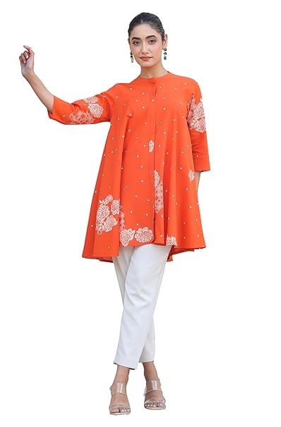 Janasya Women's Orange Pure Cotton Floral Printed Flared Tunic
