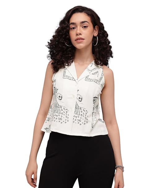 Amazon Brand - INKAST Women Doodle Printed Sleeveless Tunic Top|Camp Collar Button-Down Casual Wear|