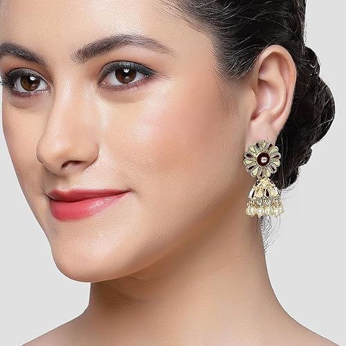 Karatcart Silver Tone Diamond Shape Pink and Blue Carved Stone Studded Drop Earrings for Women