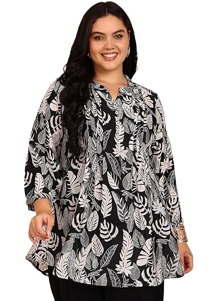 Yash Gallery Women’s Wrinkle Free Printed Short Kurti Mandarin Collar with Pintuck Pleats 3/4th Sleeve