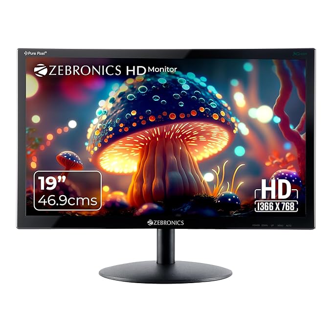 ZEBRONICS Zeb-V19Hd 18.5 Inch (46.99 Cm) Led Monitor with Supporting Hdmi, Vga Input, Hd 1366 X 768 Pixels, 16.7M Colors, Glossy Panel, Slim Design & Wall Mountable, Black