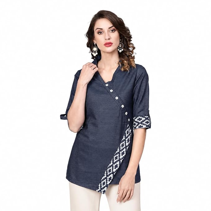 Yash Gallery Women’s Denim Straight Kurti Top with Overlap V-Neck, Button Detail, 3/4th Roll-Up Sleeves & Ethnic Printed Panel for Office & Casual Wear