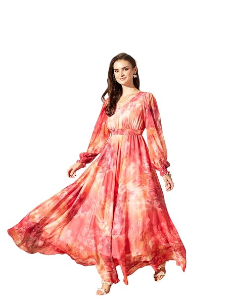 Miss Chase Women's Multicolored-Base-Brown Relaxed Fit Maxi Lurex Chiffon Dress
