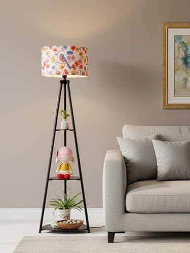 Crosscut Furniture LED Tripod Floor Lamp with 3 Shelves, Retro Robin, White, Metal Corner Floor Lamp for Living Room & Bedroom Decoration