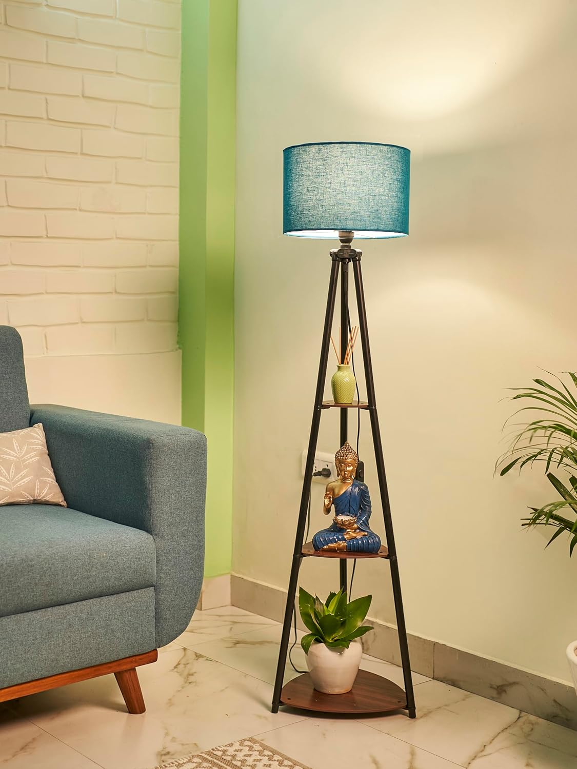 Crosscut Furniture LED Tripod Floor Lamp with 3 Shelves, Retro Robin, White, Metal Corner Floor Lamp for Living Room & Bedroom Decoration