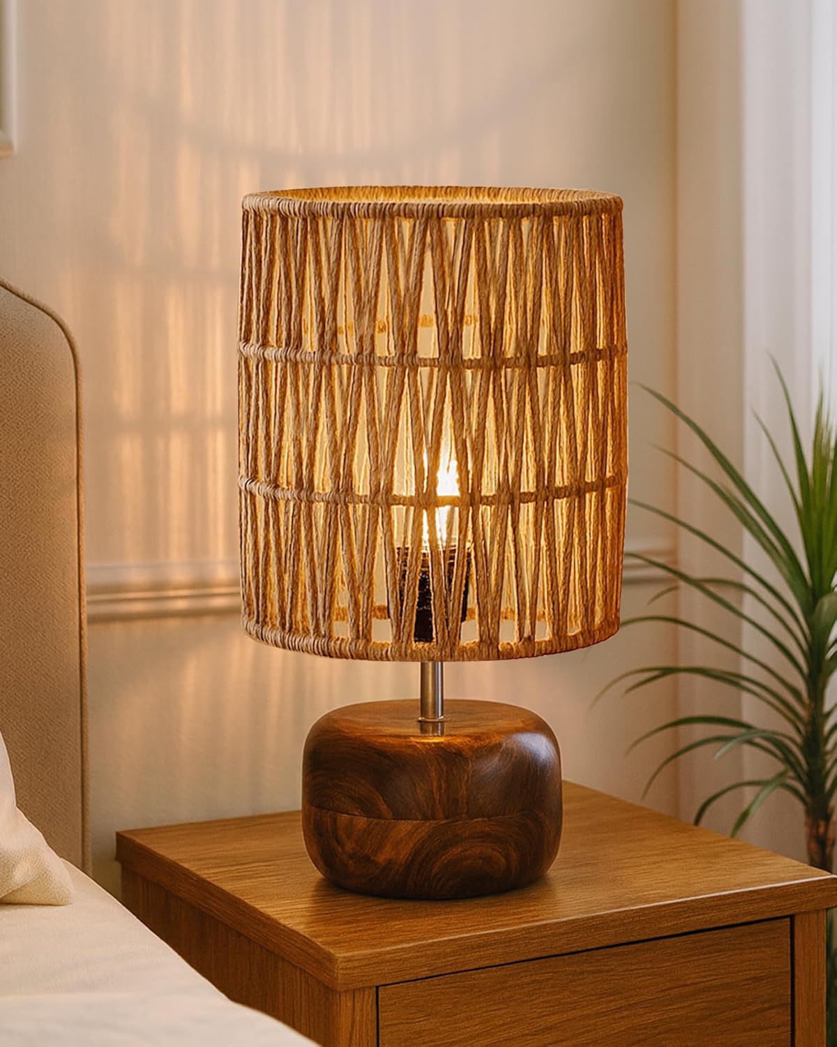 Homesake® Natural Weave Rope Table Lamp | Handcrafted Boho Bedside Light with Wooden Base | Warm Ambient for Night Lamp, Bedroom, Living Room, Study, Kids Room, Livra Home Decor, Ovolo (Beige, Cross)