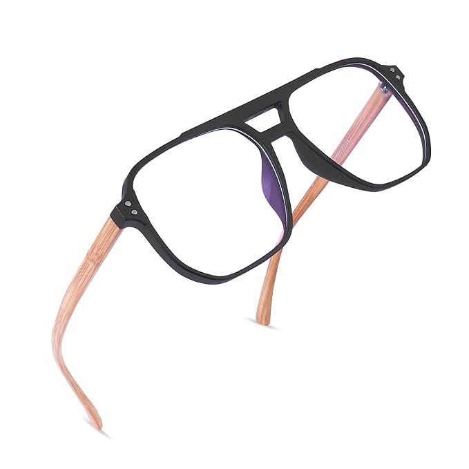 Black Jones Blue Light Blocking Computer Glasses | Zero Power Eyeglasses | Eye Protection for Women Men | Wooden Arm Frame | Anti Glare Eyewear | Bluelight Blocking Spectacles