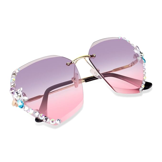 Black Jones UV400 Protective Sunglasses for Women Stylish with Storage Box Glasses Cloth, Rimless Diamond Cutting Lens with Stone All color of Sunglasses for Driving Shades for Women.