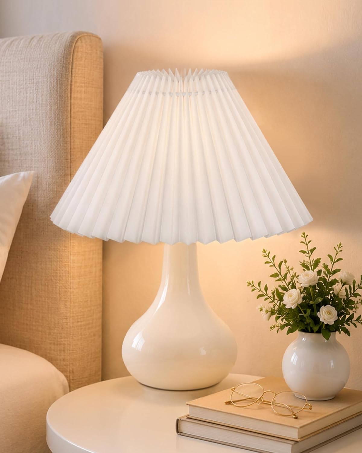 Homesake® Modern Small Ceramic Table Lamp, Classic Bedside Desk Lamp for Living Room Bedroom, Farmhouse Home Decor Nightstand Lamps Light with Fabric Pleated Shade, (White Pleated Shade)