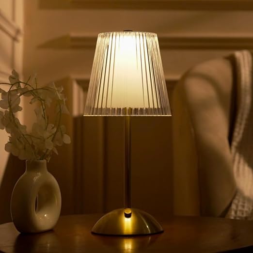 NYRWANA Table Lamp | 2000mAh Battery | Home Decor, Lamps for Bedroom, Lamp for Living Room, Stepless Dimming, 3 Colour Touch Control, USB-c Charging (Metal - Glass)
