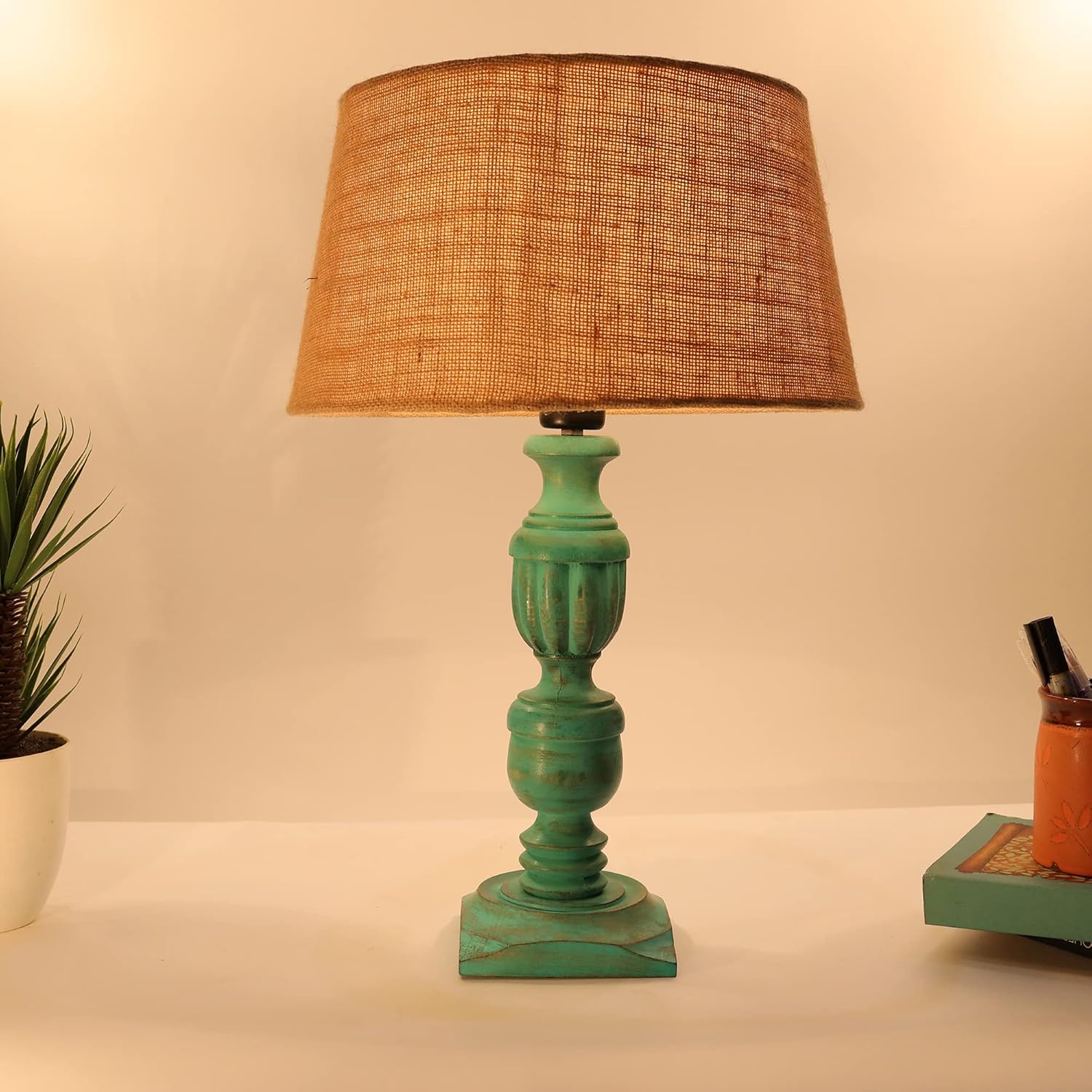 Homesake® Handcrafted Wooden Table Lamp for Living Room & Bedroom | Bedside Rustic Algae French Table Lamp with Fabric Jute Shade | Included Bulb | Decorative Wooden Night Lamp for Home Décor, Beige