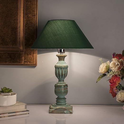 Homesake® Handcrafted Wooden Table Lamp for Living Room & Bedroom | Bedside Rustic Algae French Table Lamp with Fabric Shade | Included Bulb | Decorative Wooden Night Lamp for Home Décor, Green