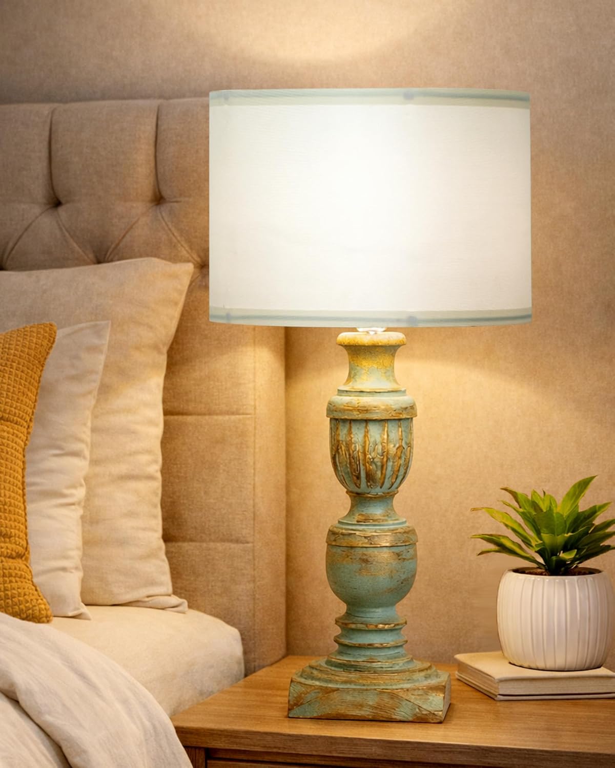 Homesake® Rustic Green Wooden Table Lamp for Home Decor | Bedside & Night Lamp for Bedroom, Living Room, Study Table | Vintage Light Lamp, Room Decor Light, KD Off-White Drum
