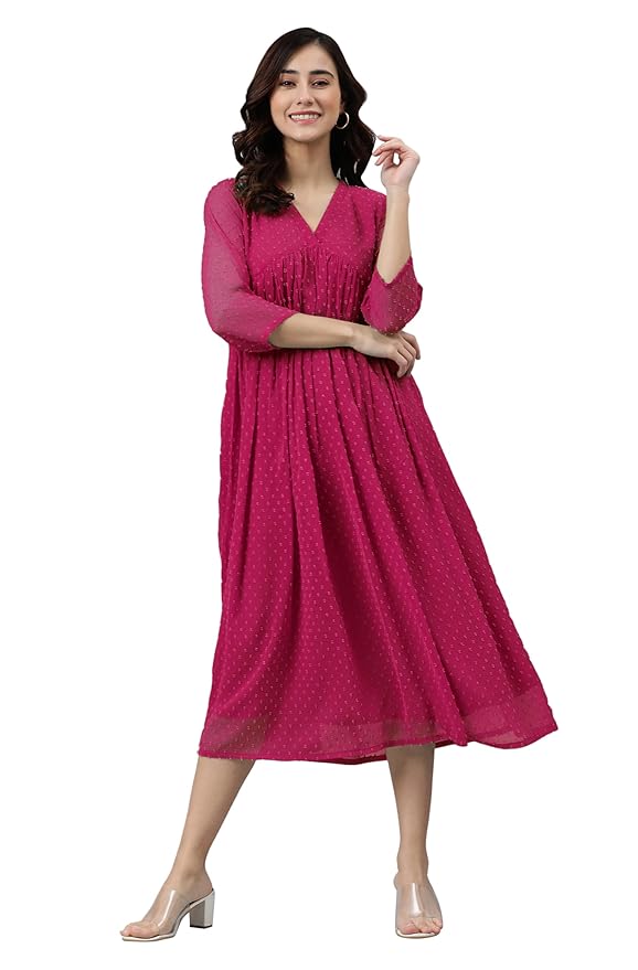 Janasya Women'S Dobby Chiffon Woven Design Flared Dress