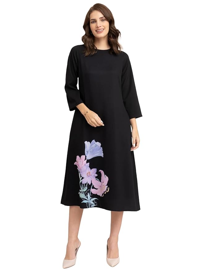 FableStreet Women Black Floral Formal A-Line Midi Dress