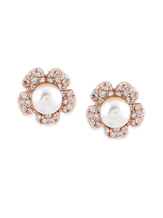 Zaveri Pearls Flower Shape Sparkling Cubic Zirconia & Pearl Stud Earring For Women-ZPFK9464