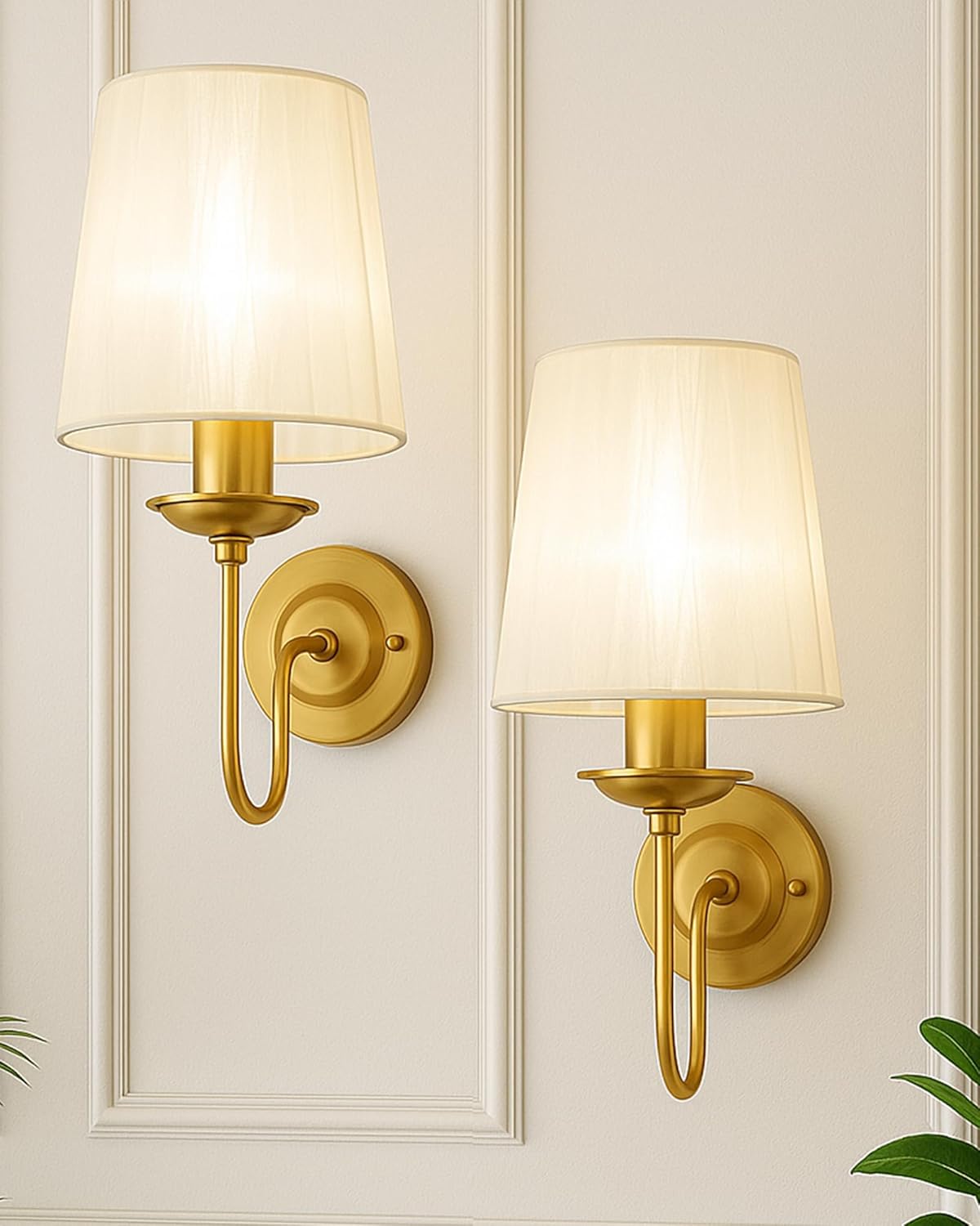 Homesake® Antique Brass Wall Sconces Lighting Fixture, E27 Industrial Vintage Gold Wall Light Lamp Bathroom Decor for Bedroom Living Room, Sheen Fabric Shade, Brass (Gold, Set of 2)