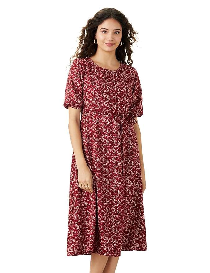 Amazon Brand - Symbol Women Rayon Fit and Flare One Piece Midi Length Dress (with Self Fabric Belt) (Available in Plus Sizes)