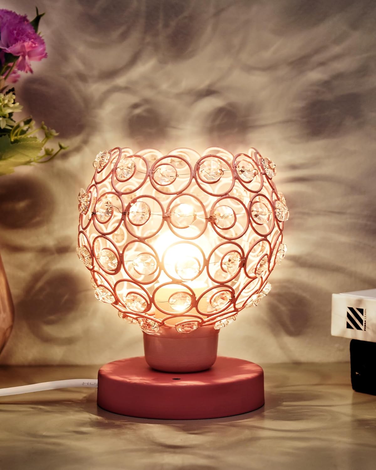 Homesake® Semi Crystal Table Lamps Mood Lighting | Small Crystal Night Lamp Stylish Bedside Lamp Light | Unique Modern Decorative Desk Lamp for Bedroom Living Room,(Pink)
