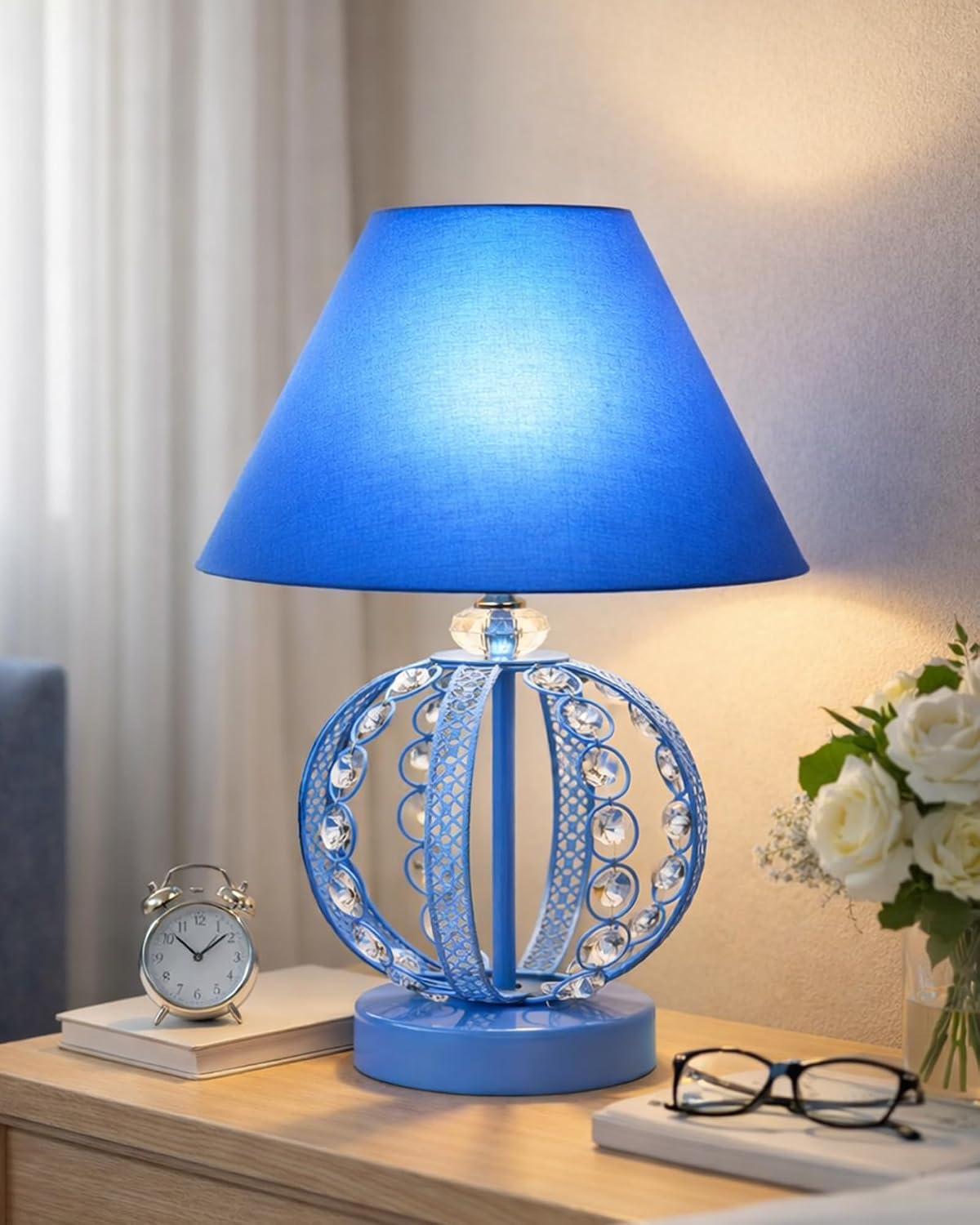 Homesake® Modern Round Small Crystal Table Lamp, Contemporary Bedroom Bedside Nightstand Lamp,Desk Globe Lamp for Living Room Girls Kids Room, Sphere, (Blue)