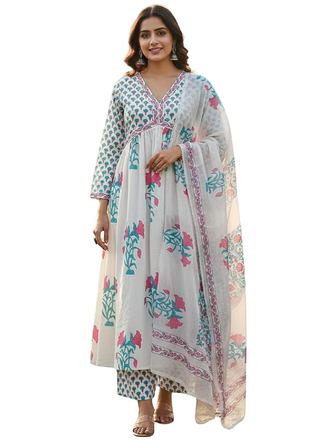 Leriya Fashion Kurta Sets for Woman | Kurti Set for Woman | Anarkali Suit for Women | White Kurta Set for Women with Dupatta | Traditional Anarkali Salwar Suit for Party Outfits Kurtis