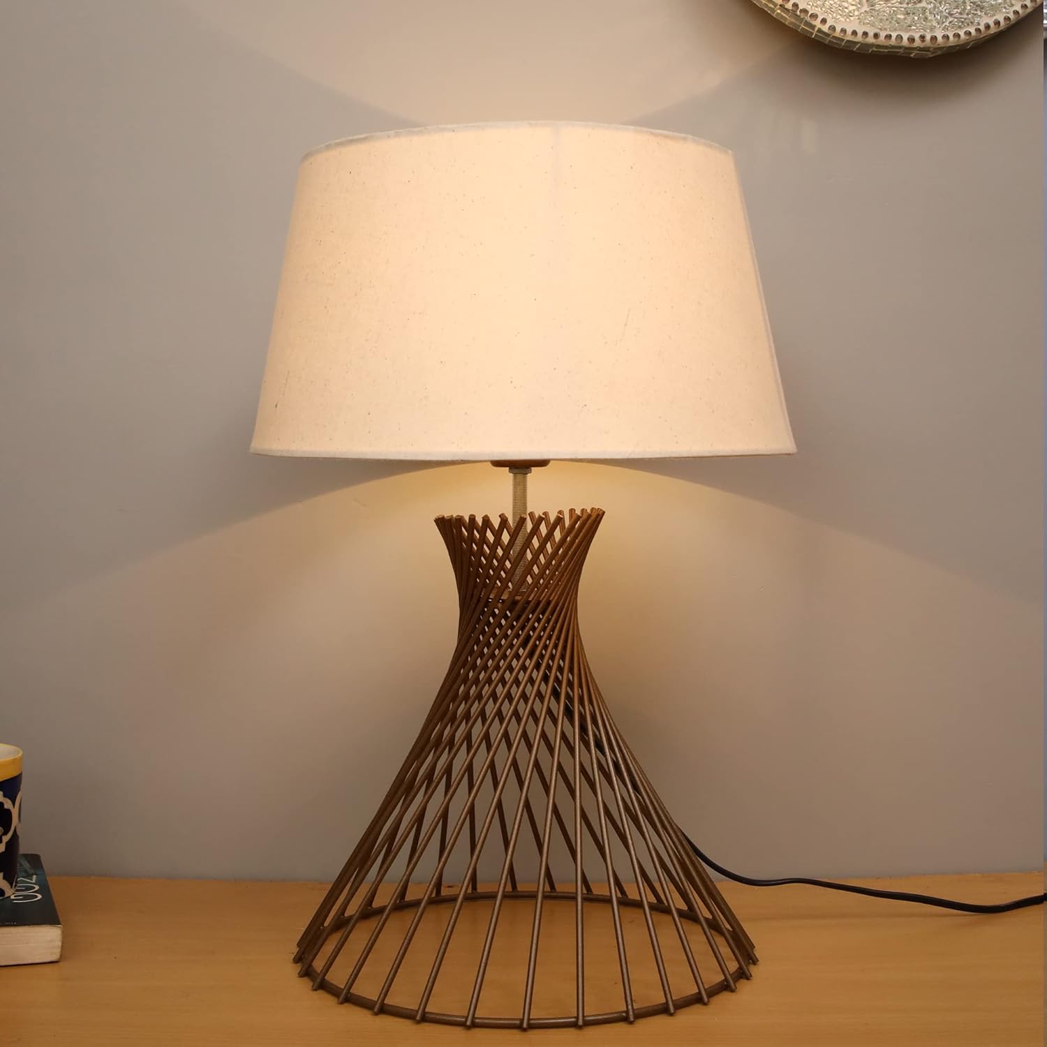 Homesake Table Lamp Farmhouse Night Light Lamps for Bedroom, Table Light Decoration Bedside Living Room, Hall Lighting, Home Decor Items with Light Bulb, Spiral, Beige.