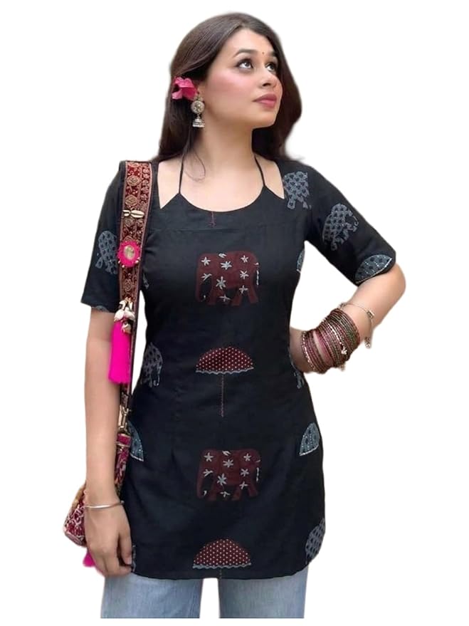 ANNI Designer Women’s Viscose Printed Short Kurti | Straight Fit Ethnic Top with Square Neck | Bell Sleeve Casual Indian Kurta for Office College, Party