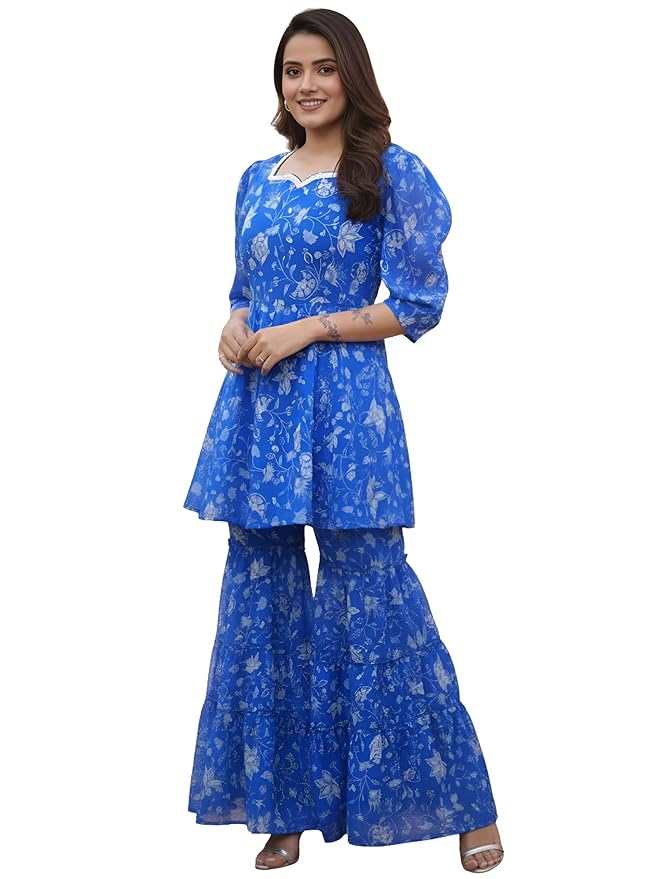 GRECIILOOKS Women's Summer Kurta Set with Sharara | Printed Kurti Set with Sharara Pants | Georgette Ethnic Kurta Set for Women | Party Outfit Traditional Dress for Woman | Flared Palazzo Kurti Set