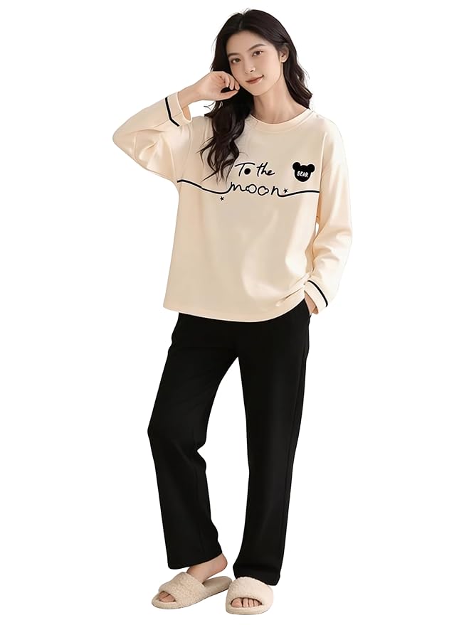 Lymio Womens Korean Night Dress | Full Pyjama Set | Korean Nightsuit | Women Nightwear |Round Neck Full Sleeve Nightsuit | Loungewear | Everyday Nightdress (W-ND-4)